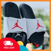 [Sẵn hàng + Hộp + freeship] Dép jordan JD6 bóng rổ nam nữ đen quai trắng logo đỏ